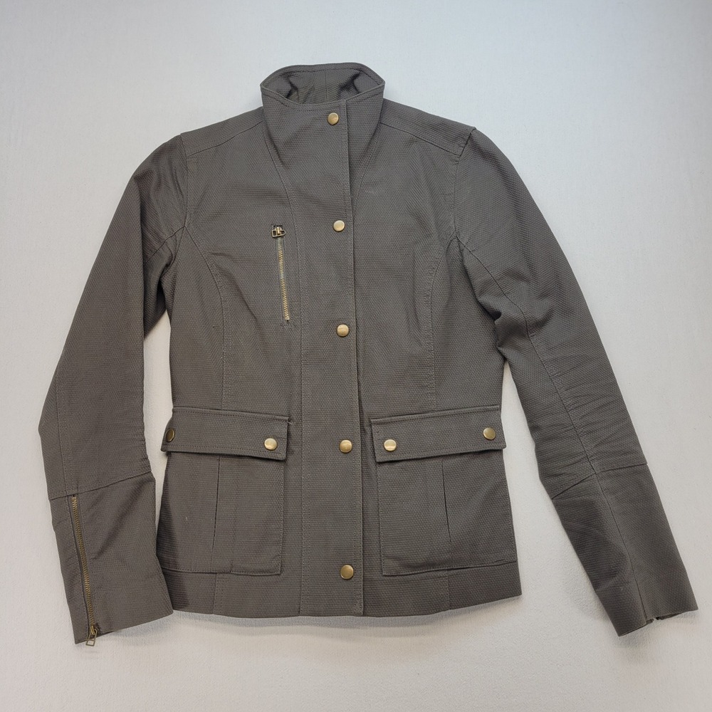 Banana Republic Military Cropped‎ Jacket Women XS Green Textured Peplum Zip Cuff